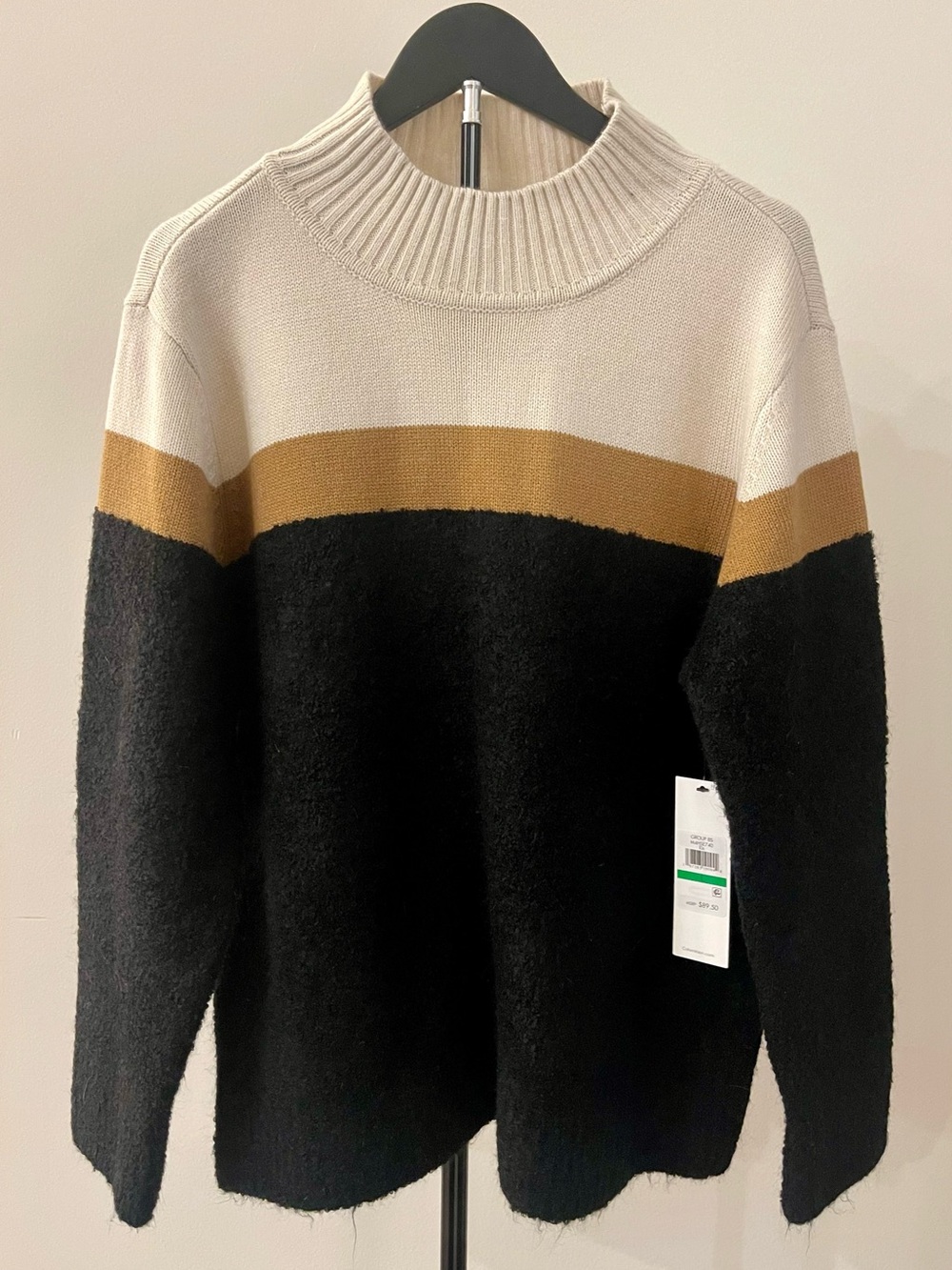 Calvin Klein Black, Cream & Brown Mock Turtleneck Colorblock Sweater